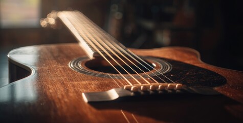 Fototapeta premium Detailed shot of an acoustic guitar, strings, body, and bridge, in soft lighting