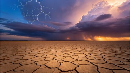 A cracked dry desert landscape under a dramatic sky with a lightning storm and colorful sunset in the distance
