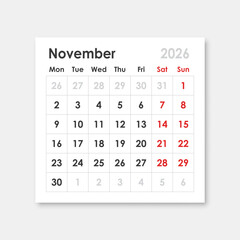 Calendar november 2026 icon in flat style. Planner sticker vector illustration on isolated background. Calender sign business concept.