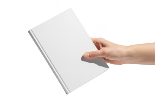 Hand holding blank white book mockup template for design, presentation, or advertisement. high resolution stock photo. isolated on transparent background