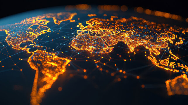 Detailed map of world illuminated with glowing lights, showcasing connections and data visualization across continents - Powered by Adobe
