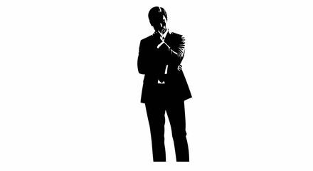 Silhouette of a man in a suit thoughtfully contemplating a decision.