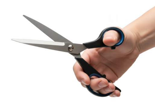 Sharp metal scissors tool held in hand for cutting, crafting, and office use, precision cutting instrument isolated on transparent background