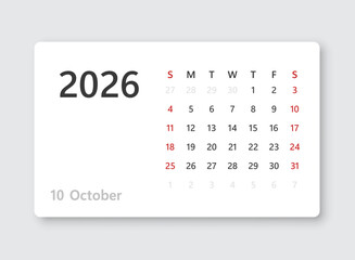 October 2026 calendar in flat style. Planner sticker vector illustration on isolated background. Calender sign business concept.