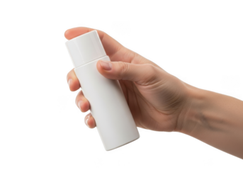 Hand holding white cosmetic bottle mockup, skincare product container in hand, beauty packaging design, isolated on transparent background