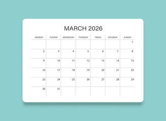 March 2026 calendar in flat style. Planner sticker vector illustration on isolated background. Calender sign business concept.