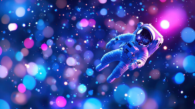 Astronaut floats in colorful cosmic background filled with vibrant bokeh lights, creating sense of wonder and exploration - Powered by Adobe