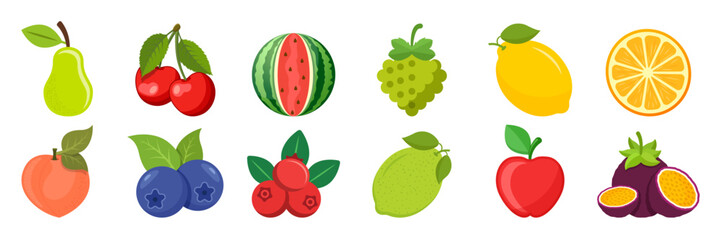 Obraz premium Natural tropical fruits icon set collection in flat style. Tropical plant vector illustration on isolated background. Healthy food sign business concept.