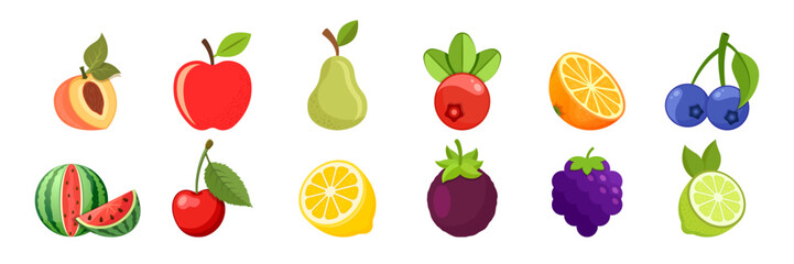 Fototapeta premium Natural tropical fruits icon set collection in flat style. Tropical plant vector illustration on isolated background. Healthy food sign business concept.