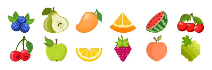 Natural tropical fruits icon set collection in flat style. Tropical plant vector illustration on isolated background. Healthy food sign business concept.