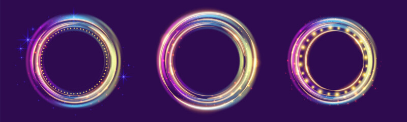 Vivid holographic effects shimmer and swirl in a mysterious dark space. Three glowing portals float, presenting an imaginative tech scene that invites exploration and wonder.