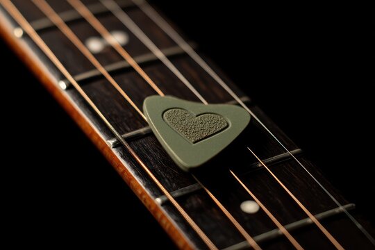 Close-up of an acoustic guitar fretboard with a heart-shaped pick resting on the strings