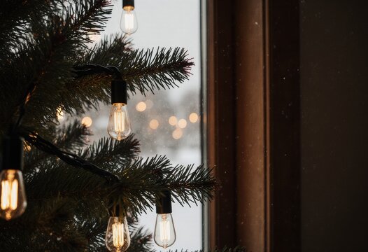 Cozy christmas tree with warm edison bulbs by snowy window - Powered by Adobe