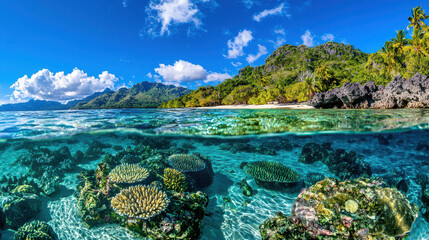 Vibrant underwater scene showcasing coral reef with clear turquoise water, lush green hills, and bright blue sky. beauty of nature evokes sense