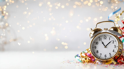 Clock with golden bells, colorful streamers, and festive confetti create joyful atmosphere for celebration and new beginnings