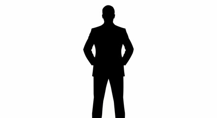 Silhouette of a man in a suit standing with hands on hips.