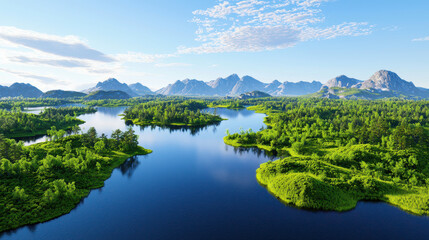 Naklejka premium Serene landscape featuring tranquil lake surrounded by lush greenery and majestic mountains clear blue sky. vibrant colors evoke sense of peace