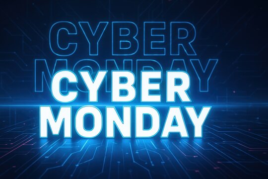 Cyber monday digital sale event with futuristic neon blue text on dark tech background