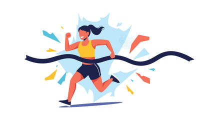 A determined female athlete crosses the finish line with energy and speed during a competitive race.
