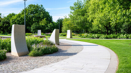 Serene park scene featuring modern sculptures along winding pathway surrounded by lush greenery and colorful flowers, inviting relaxation