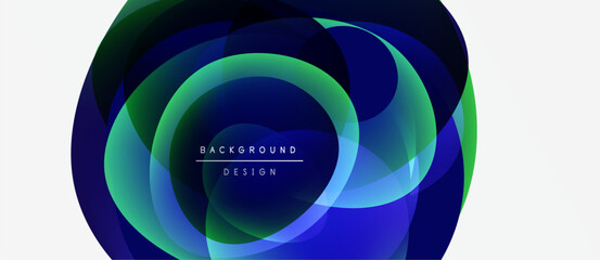 Obraz premium Abstract design features overlapping colorful circles. Gradient shades blend blues, greens, creating dynamic visual effect. Text reads background design.