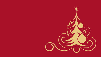 Stylized gold Christmas tree with ornaments on red background for holiday design