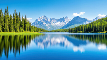 Serene landscape featuring tranquil lake surrounded by lush green trees and majestic mountains background, reflecting beautifully water surface