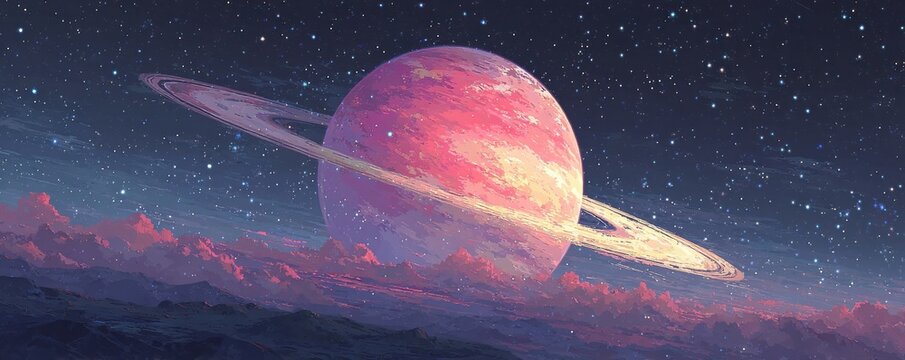 Surreal purple planet with blue glow hovering above a rocky, starry landscape at night