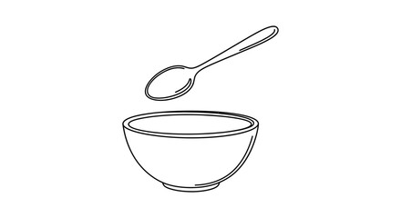 Outline drawing of a bowl with a spoon floating above it on white