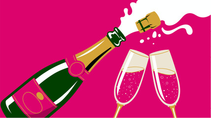 Pink champagne bottle popping with flutes clinking on pink background