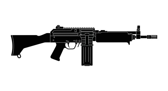A black silhouette of a machine gun on a white background image