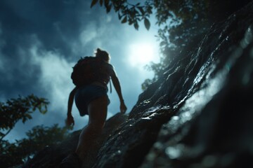 Woman hiking up a cliff sideslope with backpack on a dramatic coastal mountain trail
