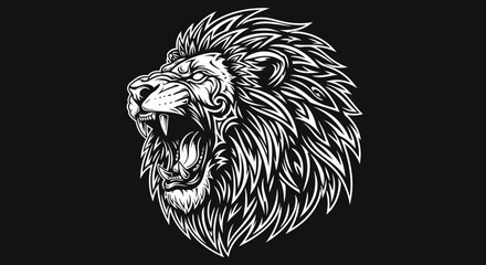 A detailed black and white illustration of a roaring lion's head, showcasing intricate details.