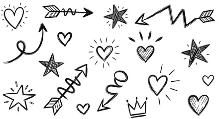 Hand-drawn doodles featuring hearts, stars, arrows, and a crown, all in black and white.