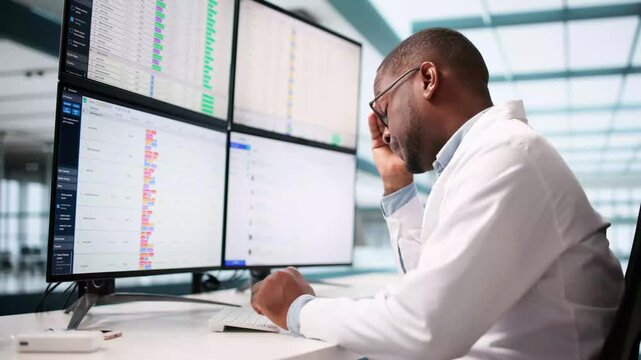 Frustrated Bored Hospital Analyst Man Using Spreadsheet