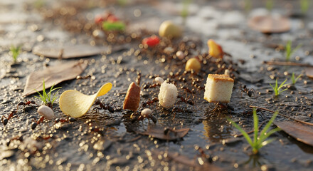 a group of ants are carrying food