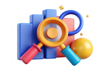 3d render of business analysis with magnifying glass, chart, and geometric shapes for data insights and growth, isolated on transparent background