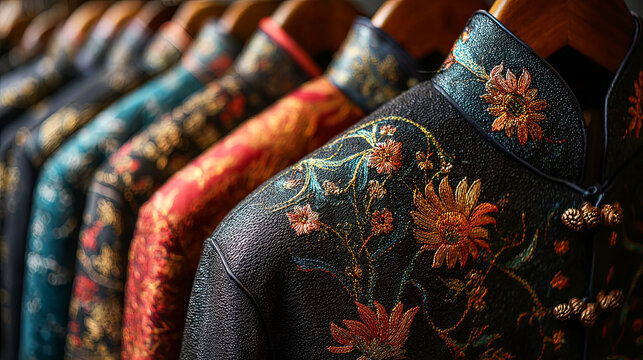 Colorful traditional garments with intricate floral embroidery displayed on wooden hangers, showcasing rich textures and craftsmanship in a vibrant textile collection