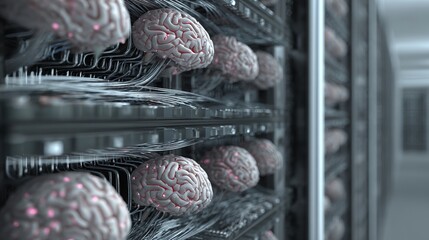 Advanced artificial intelligence network with interconnected digital brains processing complex data streams in a futuristic server room