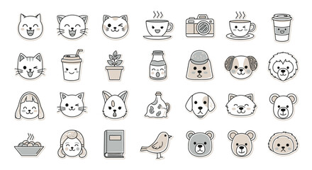 A charming collection of thirty cute kawaii-style line art icons featuring animals, people, and everyday objects.