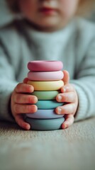 Minimal background with a focus on toddler hands stacking pastel rings