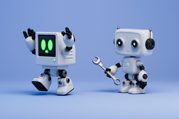 3D robot repair scene with wrench and companion