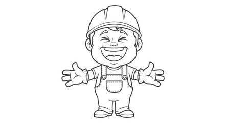 A happy cartoon boy construction worker wearing a hard hat and overalls, with arms outstretched, black and white line art.