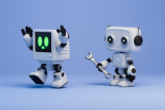 3D robot repair scene with wrench and companion