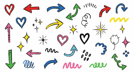 Collection of hand-drawn arrows, hearts, stars, and squiggles in various colors.