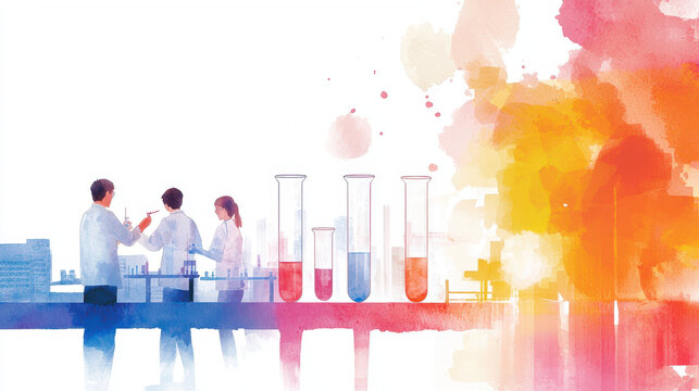 Laboratory scene with scientists conducting experiments, colorful watercolor style, showcasing teamwork and innovation in research