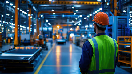 Worker in safety vest and helmet observes busy industrial warehouse filled with machinery and equipment, reflecting sense of diligence and focus