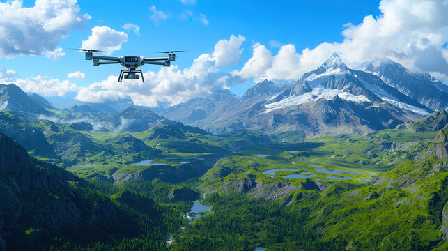 Drone flies over breathtaking mountainous landscape, showcasing lush green valleys, sparkling lakes, and majestic peaks under bright blue sky