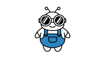 A cute cartoon alien character wearing blue overalls and round goggles, with antennae on its head.