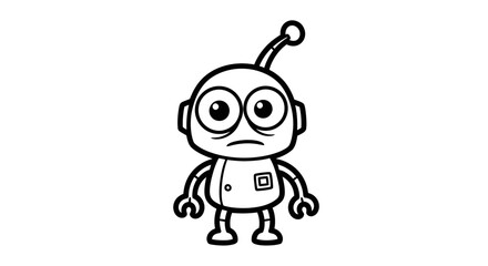 A black and white line art illustration of a small, sad cartoon robot with big eyes and an antenna.